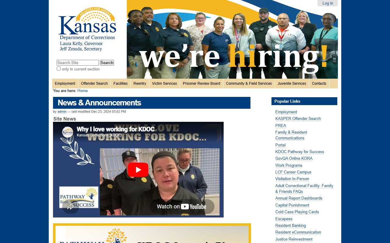 Washington County inmate records Kansas Department of Corrections