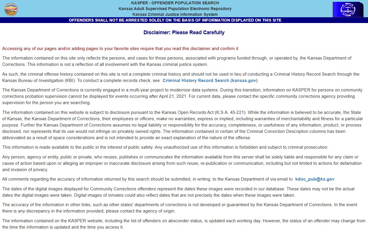 Washington County inmate records KASPER offender search disclaimer