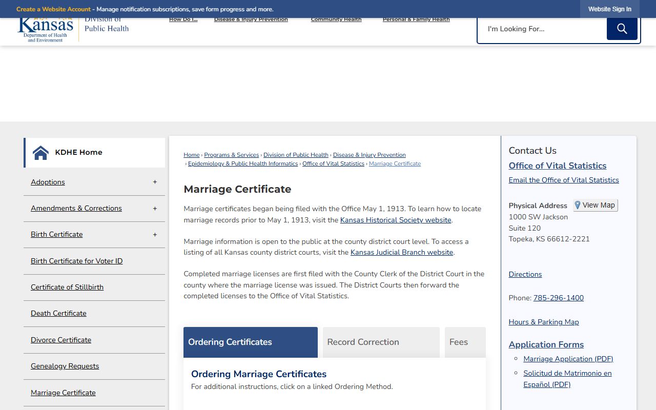 Washington County marriage and divorce records KDHE marriage certificate